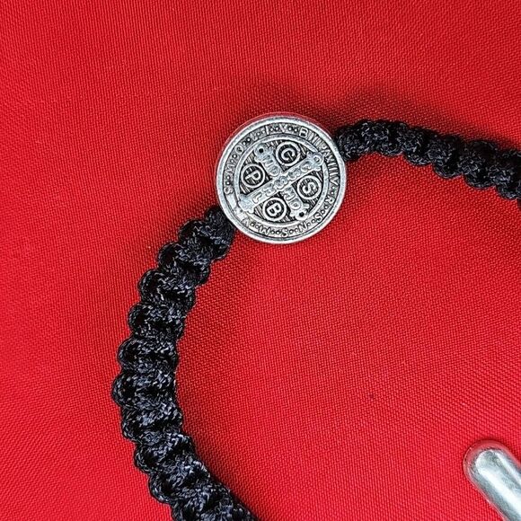 St. Benedict Blessed Cross Black Bracelet Adjustable String Silver Tone Metal - Picture 4 of 6